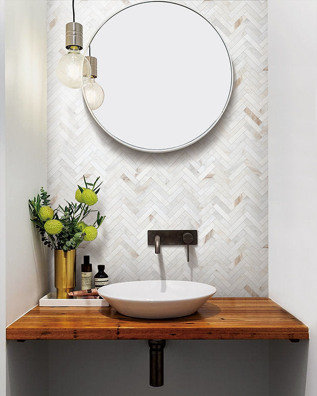 Valentine Bianco 1" x 4" Herringbone Marble  $29.99/sqf